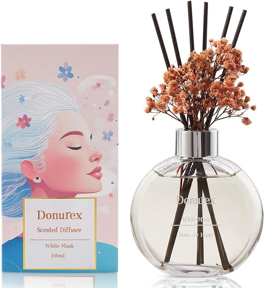 Donurex Flower Reed Diffuser Set 5.07oz White Musk Scent Diffuser with Sticks Home Fragrance Reed Diffuser for Bathroom Shelf Decor