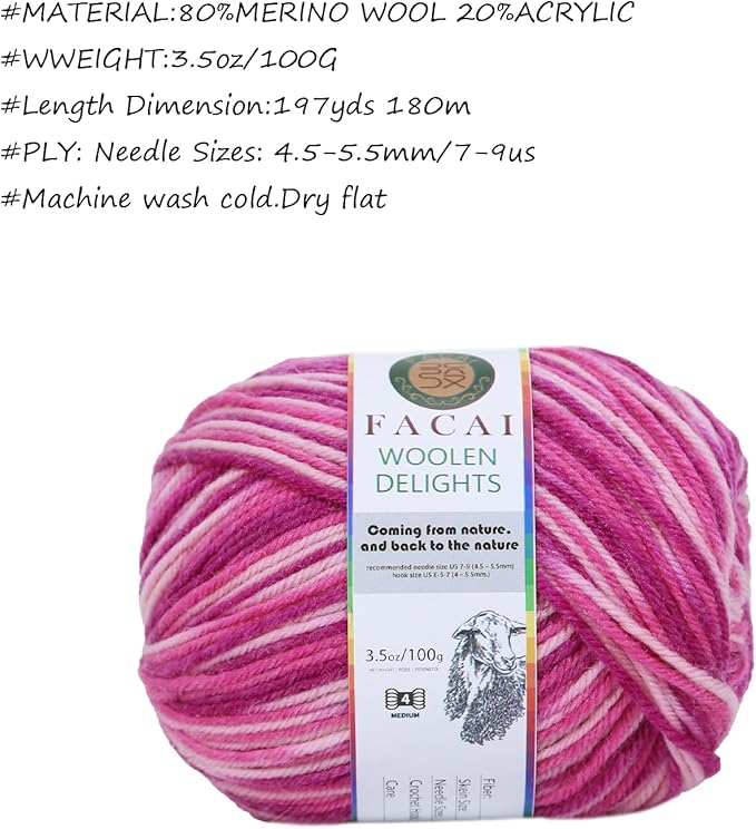 Facai Blend Merino Wool Yarn for Knitting - Worsted Weight,197yds (3.5oz) Ball, Ideal for Sweaters, Scarves, and Accessories (1, Peach Flower)