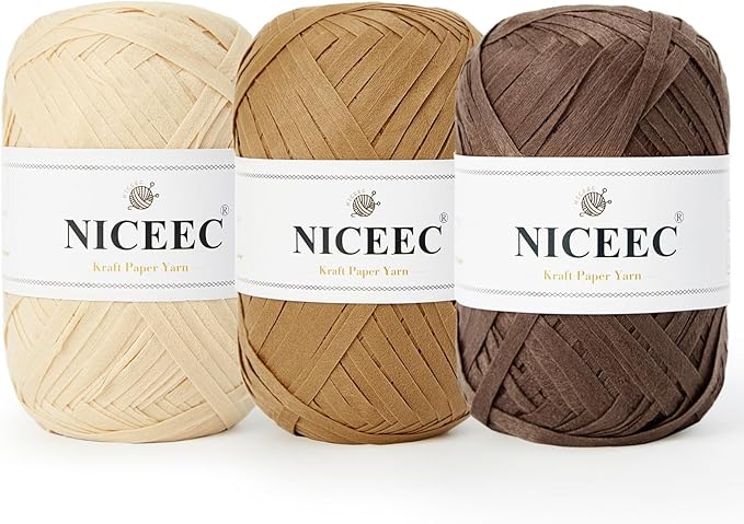 NICEEC 3 Packs Kraft Paper Yarn- Soft Raffia Ribbon Yarn for Crocheting & Knitting, Polyester, DIY Weaving - Total 474yds, 5.3oz - Brown Series