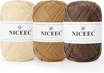 NICEEC 3 Packs Kraft Paper Yarn- Soft Raffia Ribbon Yarn for Crocheting & Knitting, Polyester, DIY Weaving - Total 474yds, 5.3oz - Brown Series