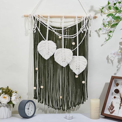 FREEBLOSS DIY Macrame Leaf Wall Hanging Beginners Macrame Kit Leaf Woven Tapestry Feather Wall Hanging DIY Macrame Kit for Adults Birthday Gift (Green Tassels)