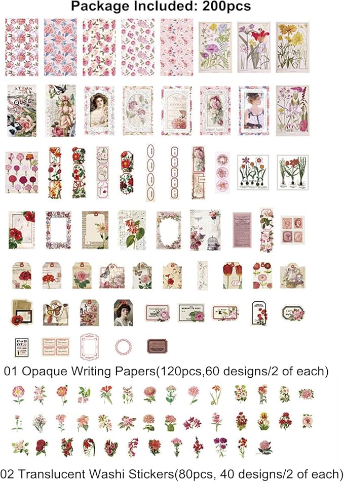 Esweny 200PCS Vintage Scrapbooking Supplies Pack, Aesthetic Scrapbook Sticker Paper Art Journaling Kit for Junk Journals,Planner,Cottagecore Decor Gifts (Pink Series)