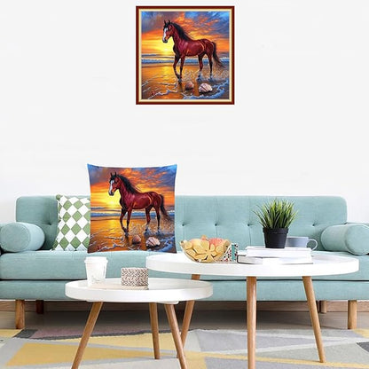 Lovxvouy Pillow Cross Stitch Kits for Adults Beginners-Preprinted Needlepoint Kit Stamped Crossstitching Kits 11CT Cross-Stitch Kit Stitches Kit Embroidery Kits-Seaside Steed 18x18 inchs