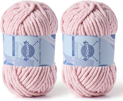 Chunky Chenille Yarn for Crocheting，Baby Yarn for Crocheting Soft Blankets，Bulky Yarns for Crochet Amigurumi，2×100g (2×74.3yds) Fluffy Velvet Yarns for Hand Knitting (2 Pink)
