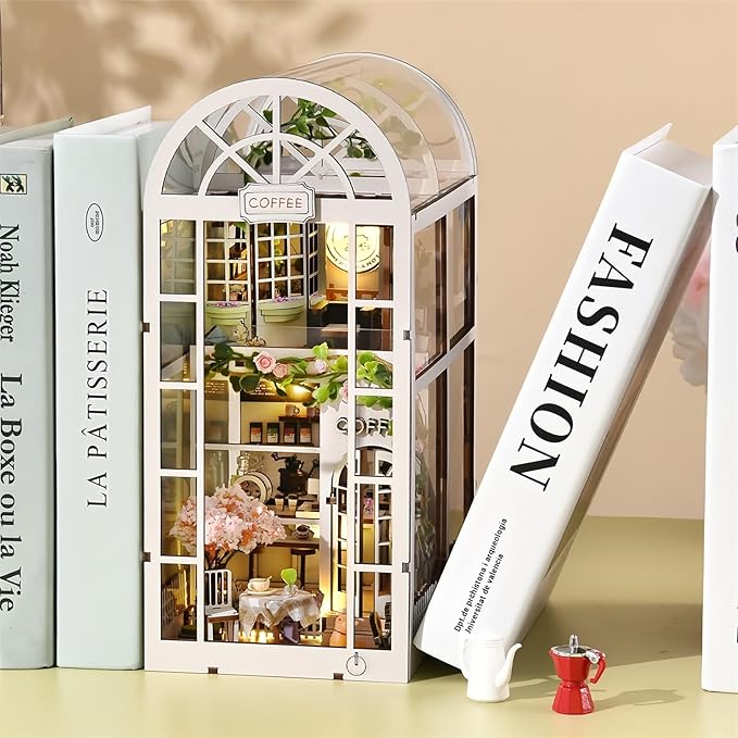 Foyucool DIY Book Nook Kit, Miniature Bookshelf Decor with LED Lights, Laser-Cut Wooden Craft Set for Adults, Creative Gift for Christmas, Birthday, Coffee Garden