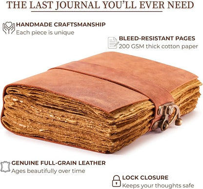 NomadCraftsCo. Vintage Leather Journal - Lock Closure, Book of Shadows Journal, Grimoire Journal, Witch Journal, Vintage Journal 240 pages Antique Deckle Edge Paper
