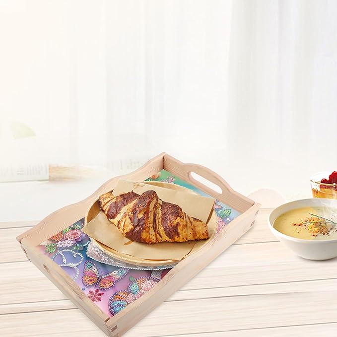 JISHSHAY Diamond Art Serving Tray Diamond Painting Food Tray Gem Art Serving Platter Gem Painting Mosaic Kits for Adults DIY Kits for Adults, with Wood Handle 20×30cm/7.87×11.81in, Envelope Flower