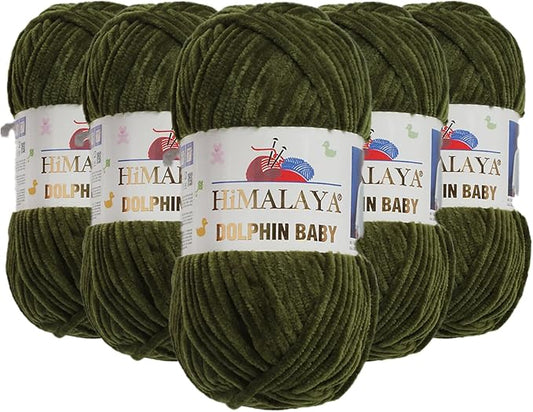 5 Skein/Pack Himalaya Dolphin Baby Chenille Yarn, Each Ball 100 gr (3.5 oz), 120 m (132 Yards), 100% Polyester, Super Bulky Baby Blanket Velvet Amigurumi Yarn, 80361 - Olive Drab