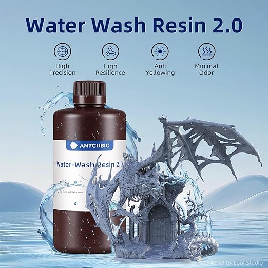 ANYCUBIC Water Washable Resin 2.0, 3D Printer Resin with Low Viscosity and Fast Printing, 405nm High Precision UV-Curing 3D Resin, Photopolymer Resin for 8K Capable LCD DLP 3D Printing (Clear, 1kg)