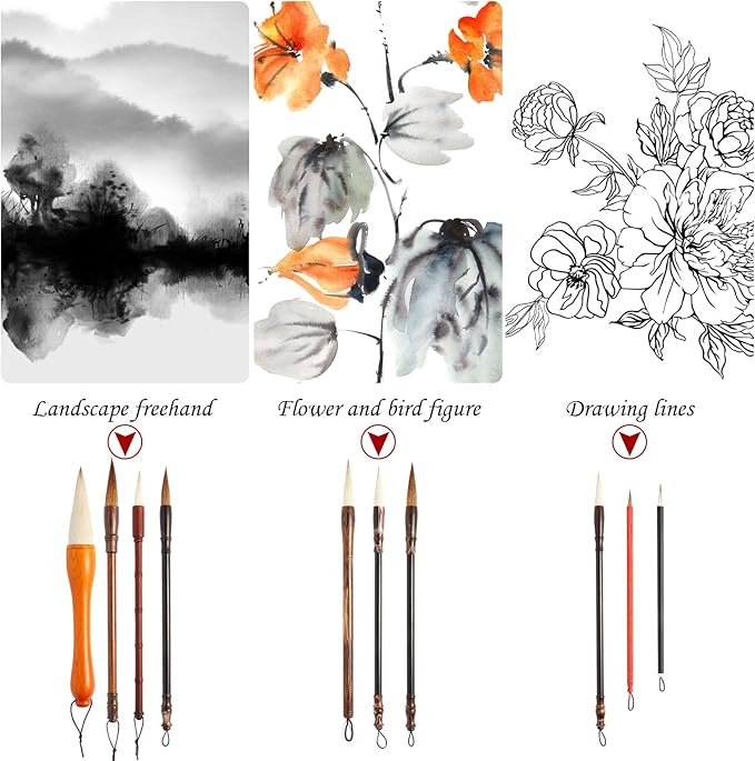 Corciosy 12 Pieces Chinese Calligraphy Brush Set - Premium Painting Writing Watercolor Sumi Brushes Set Kanji Japanese Drawing Art Brushes with Roll-up Brush Holder,Gift for Christams and New Year