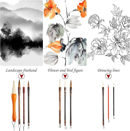 Corciosy 12 Pieces Chinese Calligraphy Brush Set - Premium Painting Writing Watercolor Sumi Brushes Set Kanji Japanese Drawing Art Brushes with Roll-up Brush Holder,Gift for Christams and New Year