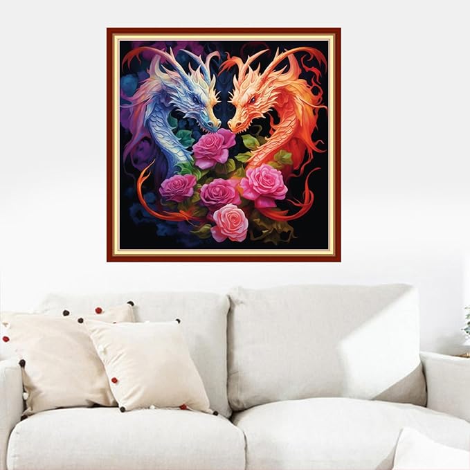 Dooxvey Cross Stitch Kits for Adults Stamped Full Range of Embroidery Starter Kits for Beginners 11CT Printed Cross Stitch Patterns Needlepoint Kits Stamped Crossstitching-Dragon Flower 18x18 inch