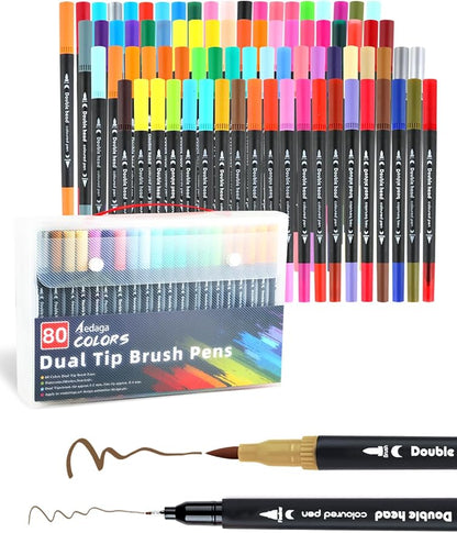 HornedDragon 80 Colors Dual Markers Brush Pens, Fine Felt & Brush Tip Marker Christmas Gifts for Adults, Stocking Stuffers Art Marker Pens for Coloring Book Journaling Note Taking Hand Lettering