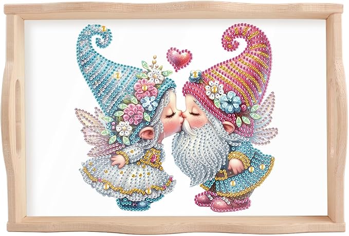 JISHSHAY Diamond Art Serving Tray Diamond Painting Food Tray Gem Art Serving Platter Gem Painting Mosaic Kits for Adults DIY Kits for Adults, with Wood Handle 20×30cm/7.87×11.81in, Gnome Couple
