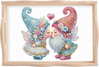 JISHSHAY Diamond Art Serving Tray Diamond Painting Food Tray Gem Art Serving Platter Gem Painting Mosaic Kits for Adults DIY Kits for Adults, with Wood Handle 20×30cm/7.87×11.81in, Gnome Couple