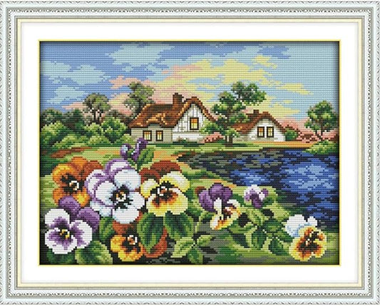 JOYSEWING Flowers and Houses Stamped Kit Printed Pattern Counted Cross Stitch Kit Embroidery Starter Kits for Beginners DIY Home Decoration Set 11CT - (The Hometown of Pansy(11CT) 18.11 ×14.57 inch)