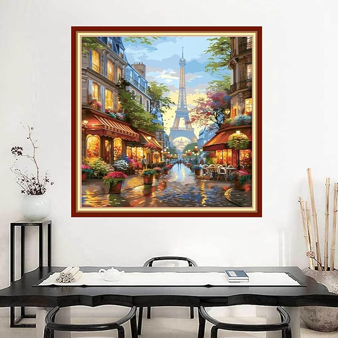 Joyhoor Stamped Cross Stitch Kits for Beginners Needlepoint Kits for Adults Embroidery Kits 11CT Counted Cross Stitch Kits Printed Embroidery Pattern-Eiffel Tower Flower Market 18x18 inchs
