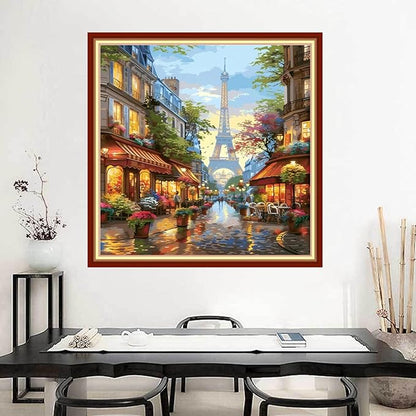 Joyhoor Stamped Cross Stitch Kits for Beginners Needlepoint Kits for Adults Embroidery Kits 11CT Counted Cross Stitch Kits Printed Embroidery Pattern-Eiffel Tower Flower Market 18x18 inchs