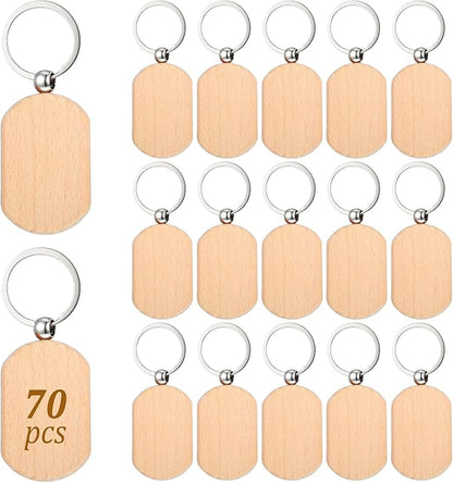 70 PCS Wooden Keychain Blanks, Wood Engraving Blanks Key Chain, Unfinished Rectangle Round Wood Key Tag for DIY Crafts
