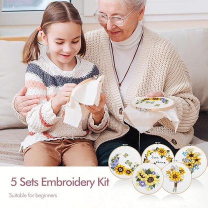 5 Pack embroidery kit for beginners Adults DIY Starter Kit,Sunflower Gifts for Women Cross Stitch Kits with Flower Stamped Patterns, Embroidery Hoop, Tools,Colorful Threads,Hand Craft Lover Gift