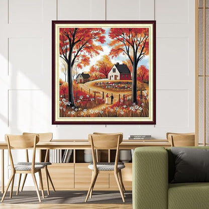 DMCCRAFT Stamped Cross Stitch Kits for Adults 11CT Printed Cross-Stitch Patterns Embroidery Kits Easy Cross Stitching Needlepoint Kits&Autumn Scenery 18x18 inch