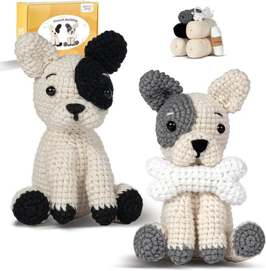 MOREJMTT Crochet Kit for Beginners Animal,Crochet Animal Kits,Crocheting Kit for Starters,Learn to Crochet with Step-by-Step Video Tutorials,Beginner Crochet Kits for Adults(2 Pack French Bulldog)
