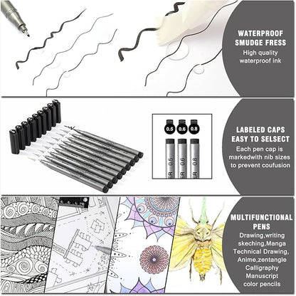 Brusarth Precision Black Micro-Pen Fineliner Ink Pens, Waterproof Archival Ink, Drawing Pen, Artist Illustration Pens, Multiliner, for Art Watercolor, Sketching, Anime, Manga, Design, 9/Set(Black)