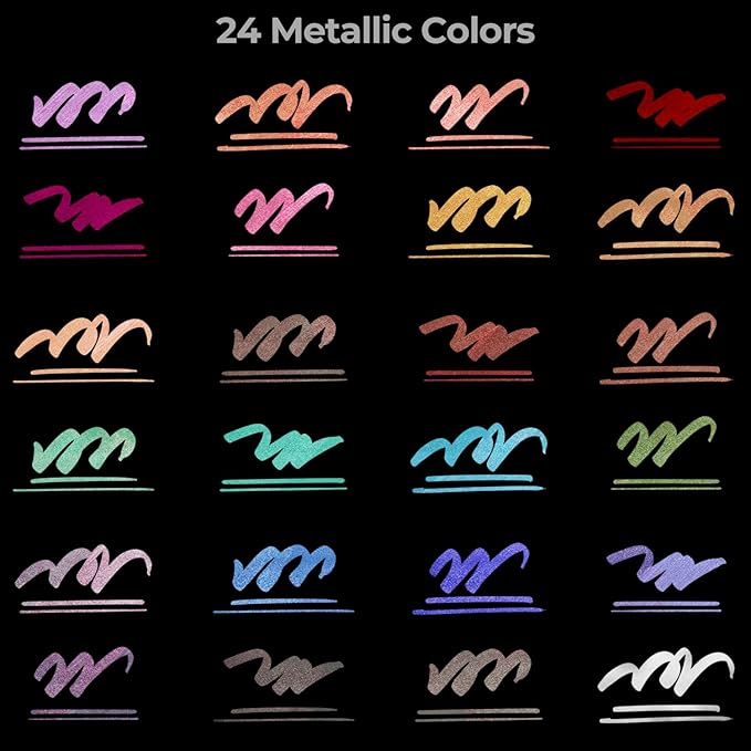 Ohuhu Markers Metallic Pens: 24 Colors Water-based for Adults Mandala Coloring Book Glitter Shimmer Markers for Black White Paper Glass Rock Birthday Card Making Halloween Pumpkin Ceramics DIY