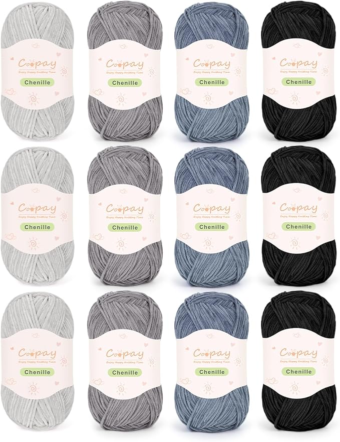 Coopay Skinny Chenille Yarn for Crocheting and Knitting, 12 Pack of 50g/1.76oz - 1764yd Total, Soft Fluffy Crochet Yarn of Baby Weights - Suitable for Baby Blankets, Plush Toys - (Black and Grey)