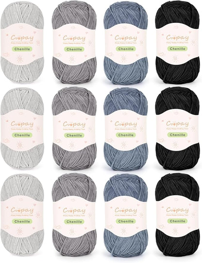 Coopay Skinny Chenille Yarn for Crocheting and Knitting, 12 Pack of 50g/1.76oz - 1764yd Total, Soft Fluffy Crochet Yarn of Baby Weights - Suitable for Baby Blankets, Plush Toys - (Black and Grey)