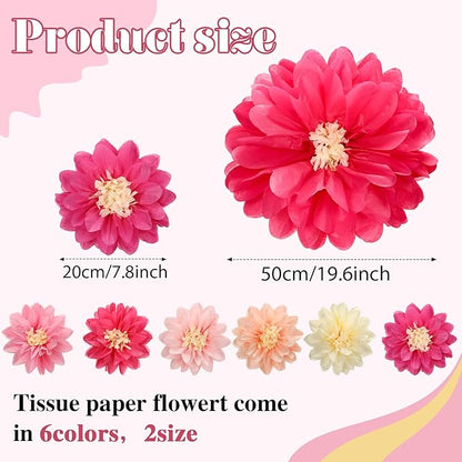 Watersay 12 Pcs 10" 20" Giant Mexican Fiesta Paper Flowers Colorful Tissue Crepe Flowers Pom Poms Craft for Floral Party Backdrop Wedding Birthday Party (Pink Color)