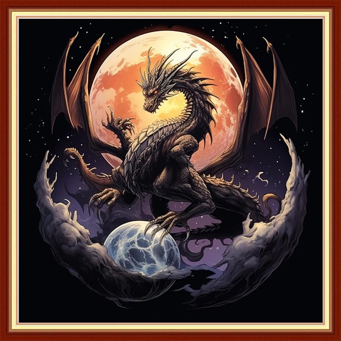 DMCVIVR Stamped Cross Stitch Kits for Beginners Adults Needlepoint Kits for Beginners Embroidery Kits for Adults Crossstitch Kit for Beginners 11CT-Moon Dragon 18x18 inchs