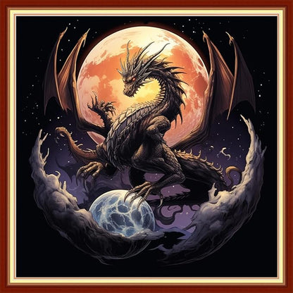DMCVIVR Stamped Cross Stitch Kits for Beginners Adults Needlepoint Kits for Beginners Embroidery Kits for Adults Crossstitch Kit for Beginners 11CT-Moon Dragon 18x18 inchs