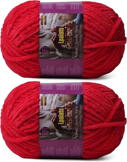 Chunky Chenille Yarn for Crocheting - 2x200g Baby Blanket Yarn for Crocheting Soft - 350 Yards Fluffy Thick Plush Yarns for Knitting Blankets Amigurumi (2, Red)