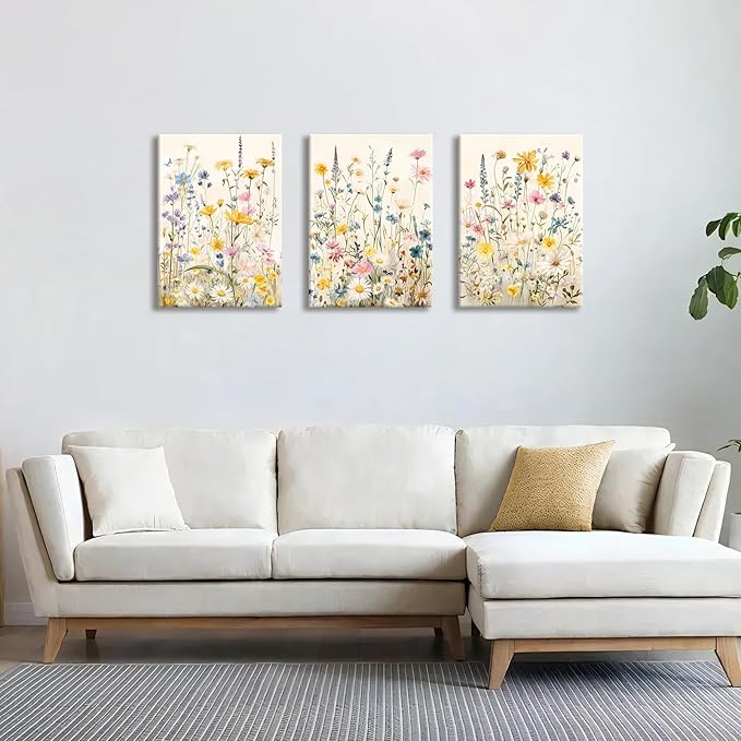 WENGTIAO 3Pcs Framed Colorful Wildflower Canvas Wall Art, Yellow Watercolors Flowers Wall Pictures Floral Canvas Prints Wall Decor Paintings for Living Room Girls Bedroom Ready to Hang 20"x28"x3