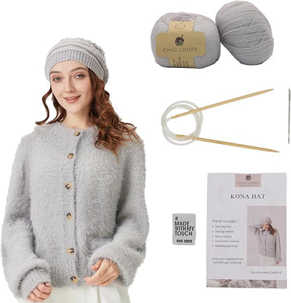 Chic Loops Knitting Kit for Beginners, Knitted Hat Beginner Crochet Kit for Adults, Crochet Soft and Warm Beanie Cozy Skull Cap for Womem with Instruction(Cloudy)