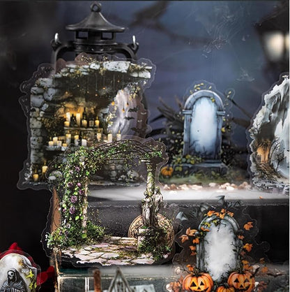 60 Pieces Aesthetic Gothic Dark Landscape Creation PET Sticker Set, 6 Pack Vintage Large Size PET Stickers for Scrapbooking, Journaling, Waterproof DIY Crafts, and Junk Journal
