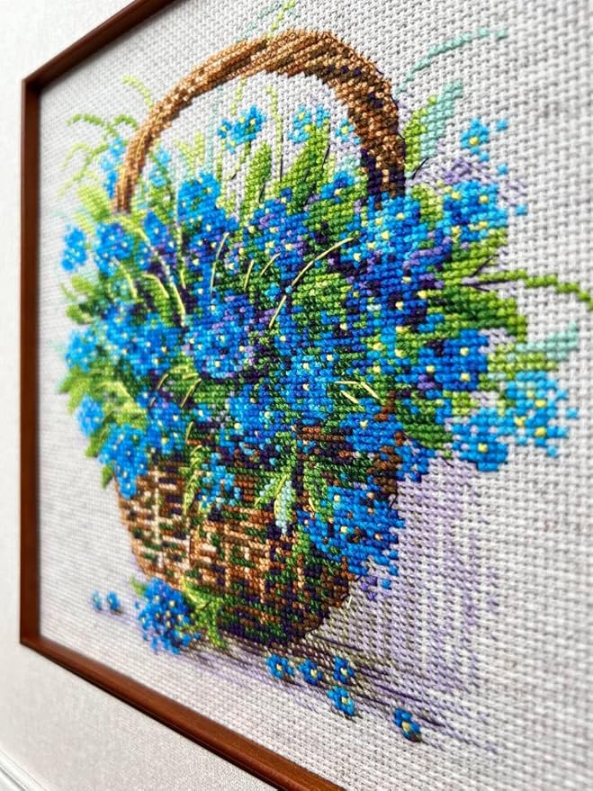RIOLIS - Forget Me Nots in a Basket 2170, Cross Stitch Kits 8¾" x 8¾", Cross Stitch Kits for Adults, Floral Counted Cross Stitch Kits, Embroidery Kit for Beginners & Advanced, Crossstitching Kits