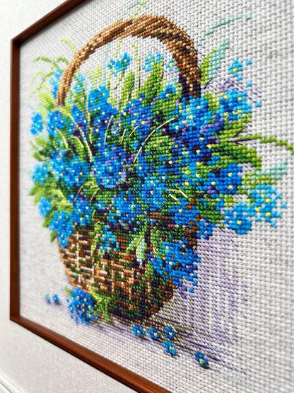 RIOLIS - Forget Me Nots in a Basket 2170, Cross Stitch Kits 8¾" x 8¾", Cross Stitch Kits for Adults, Floral Counted Cross Stitch Kits, Embroidery Kit for Beginners & Advanced, Crossstitching Kits