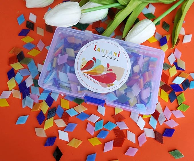 Lanyani Diamond Glass Mosaic Tiles Pieces Stained Glass for Crafts, Mixed Bright Colors and Patterns, 500g/1.1lb