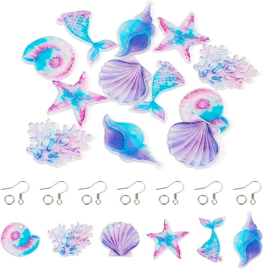 Beadthoven 6 Pairs DIY Ocean Theme Earrings Making Kit Purple Acrylic Starfish Shell Coral Mermaid Charms Marine Life Sea Animal Pendants with Earring Hooks Jump Rings for Jewelry Making Supplies