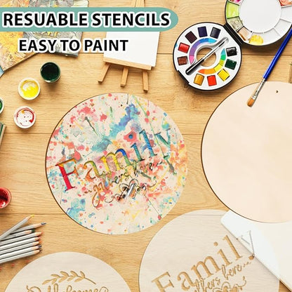12 Inch Wood Circles for Crafts, 10Pcs Unfinished Wood Rounds with 9Pcs Welcome Stencils & 12Pcs Painting, DIY Wooden Crafts for Door Hanger, Wood Burning, Painting, Thanksgiving Day Christmas Decor