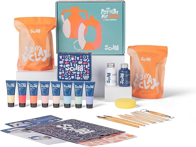 Sculpd - The Original Pottery Kit - Complete Air Dry Clay Kit for Adults Includes Sculpting Tools, Varnish, Paint Brushes, Guides, Arts & Crafts Sets, Gloss Varnish with Pastel Tones