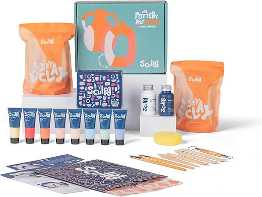 Sculpd - The Original Pottery Kit - Complete Air Dry Clay Kit for Adults Includes Sculpting Tools, Varnish, Paint Brushes, Guides, Arts & Crafts Sets, Gloss Varnish with Pastel Tones