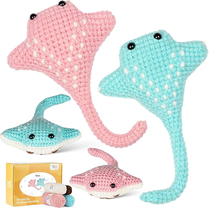 MOREJMTT Crochet Kit for Beginners, Crochet Animal Kits,Crocheting Kit for Starters with Step-by-Step Video Tutorials, Beginner Crochet Kits for Adults(2pack Ray Fish)