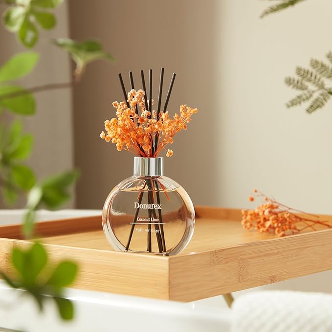 Donurex Flower Reed Diffuser Set 5.07oz Coconut Lime Scent Diffuser with Sticks Home Fragrance Reed Diffuser for Bathroom Shelf Decor