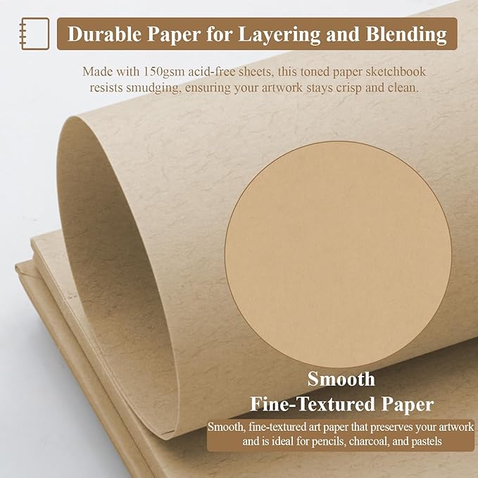 SuFly Toned Tan Sketch Pad, 8 1/2 x 11 Sketchbook, 60 Sheets - 90lb/150gsm Toned Tan Sketch Paper for Mixed Media, Charcoal, Graphite, Colored Pencils & White Gel Pens, 100% Recycled, Wire-O Bound.