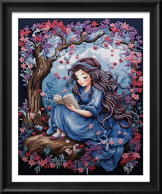Leczany Cross Stitch Stamped Kit for Adults - A Little Girl Reading | DIY Embroidery Starter Patterns Craft Kit Needlepoint for Beginner | 11CT, 3 Strands | 13.4x16.5 inches