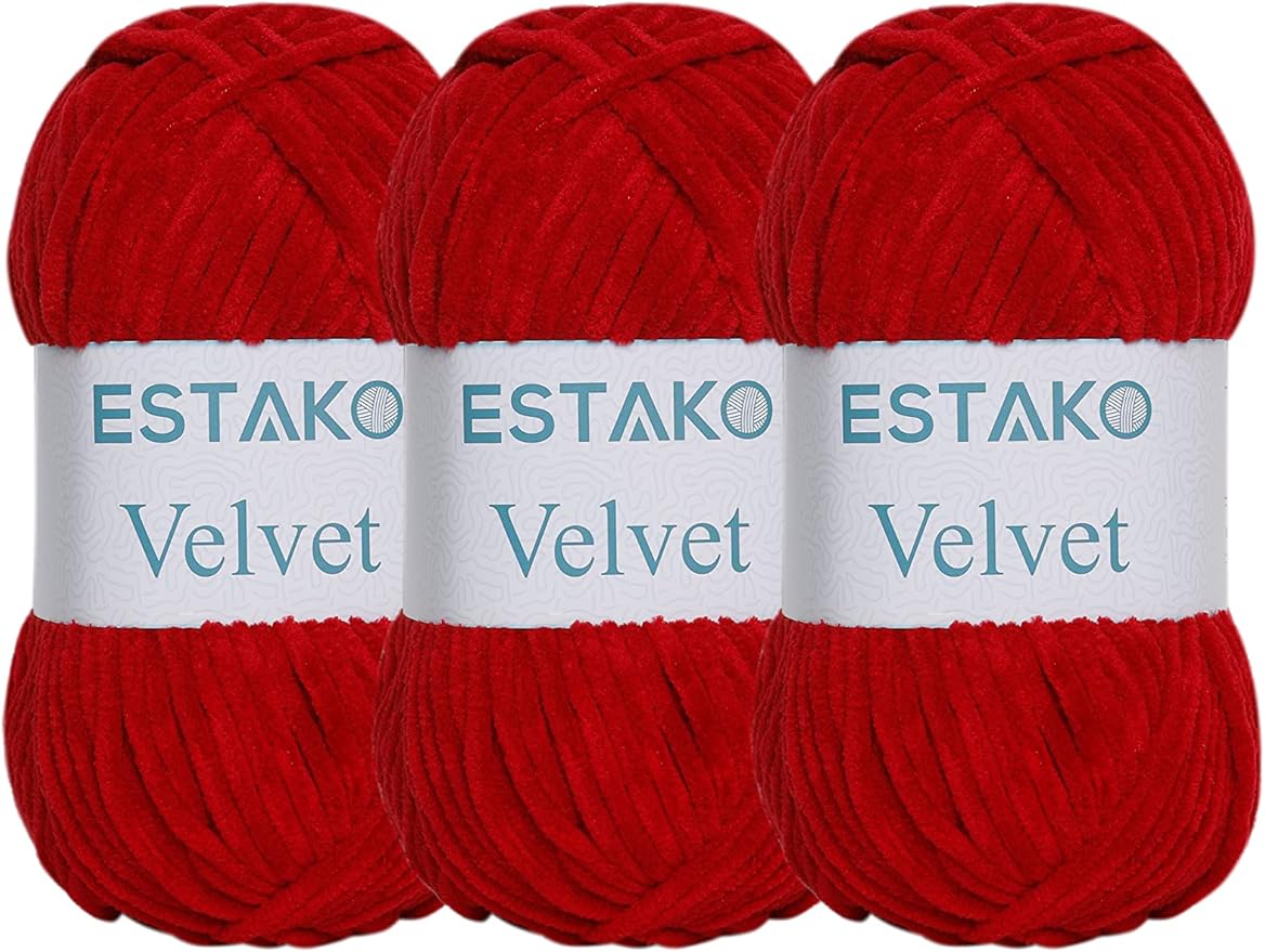Estako Velvet (3- Skeins Pack) Chenille Blanket amigurumi Yarn for Crocheting and Knitting Super Bulky 3x100 gr (3x132 yds) (1510 - Red)