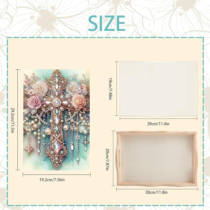 JZHYOAN Flower Diamond Painting Trays for Adults, DIY Cross Creative Design, Kitchen Platters for Entertaining Breakfast Coffee Table Decoration for Living Room Coffee Serving Table Tray